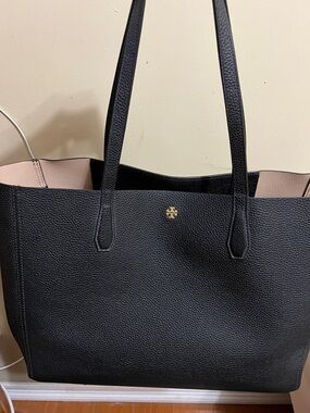 Black Leather Tote Bag with Pink Interior